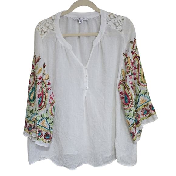 Lifestyle Attitude Tops - Womens 1X Embroidered Sleeves Bohemian Gauzy Sheer Fairy Resort Lace White Top